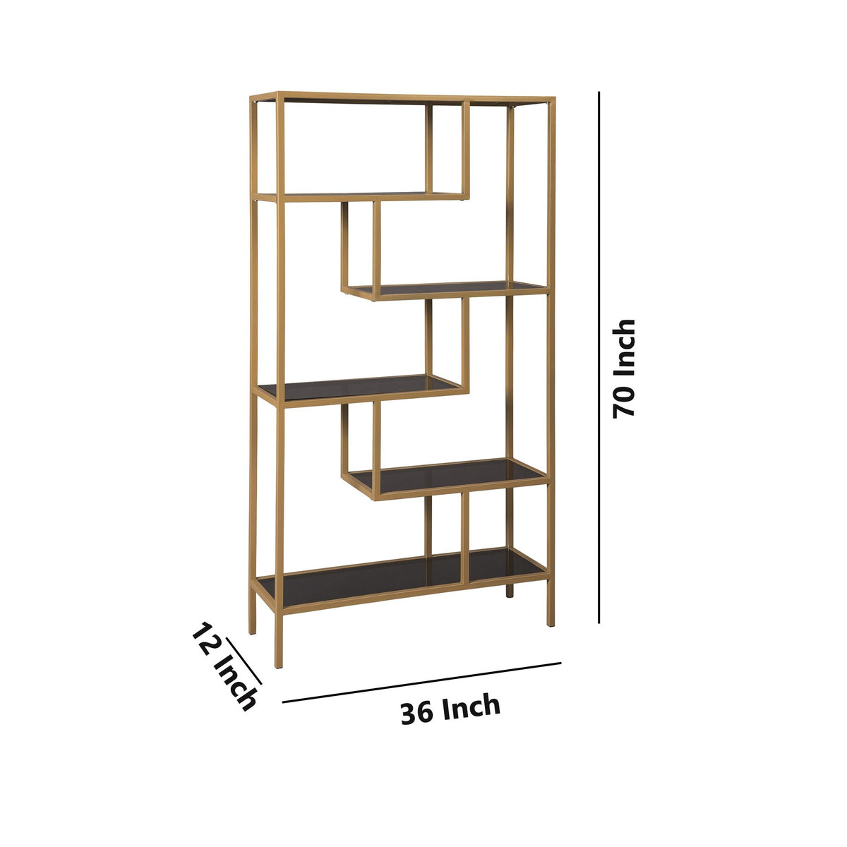 Metal Frame Bookcase with 5 Tiered Display Glass Shelves, Gold and Black - BM226174