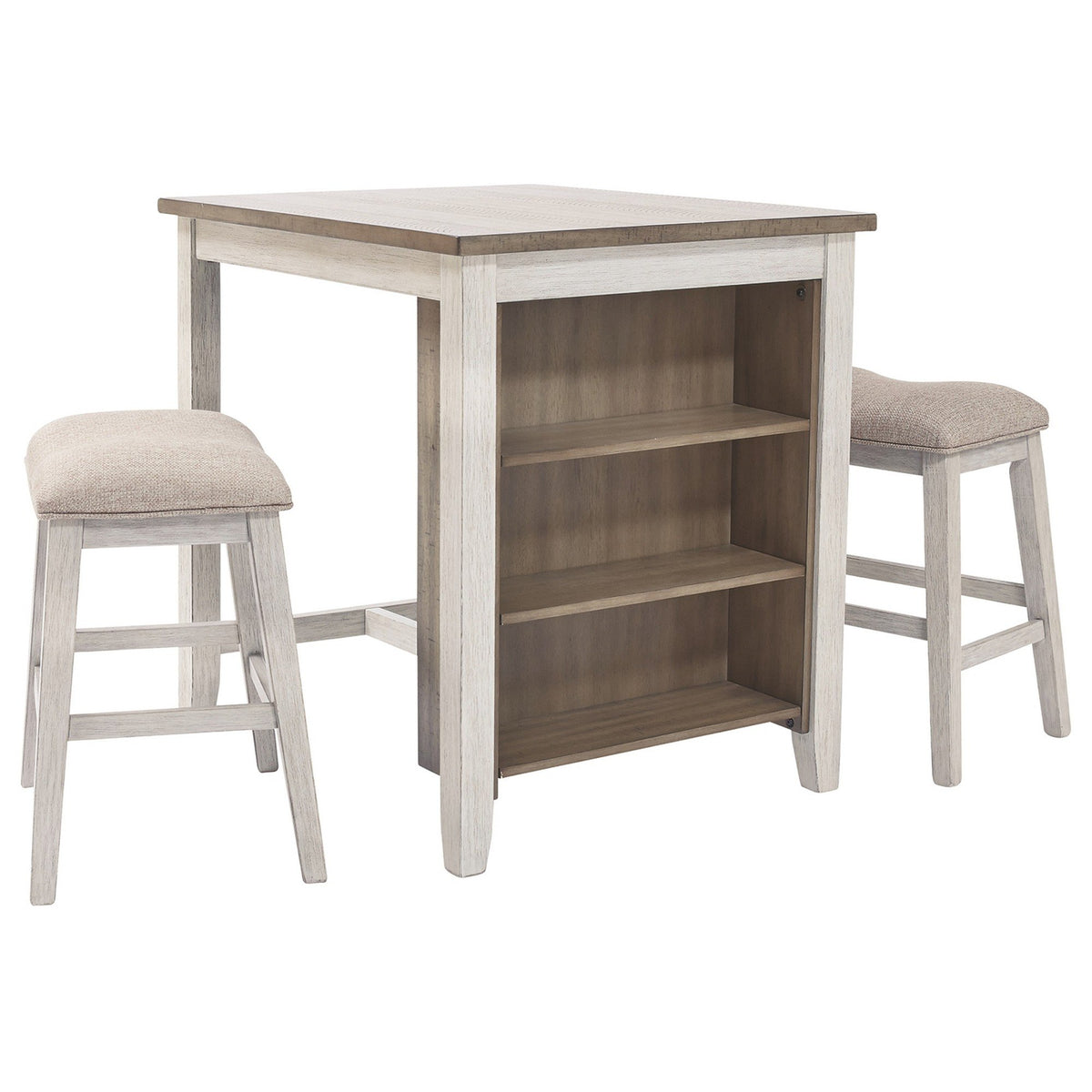 3 Piece Counter Height Table and Barstool Set, Antique White and Brown - BM227029