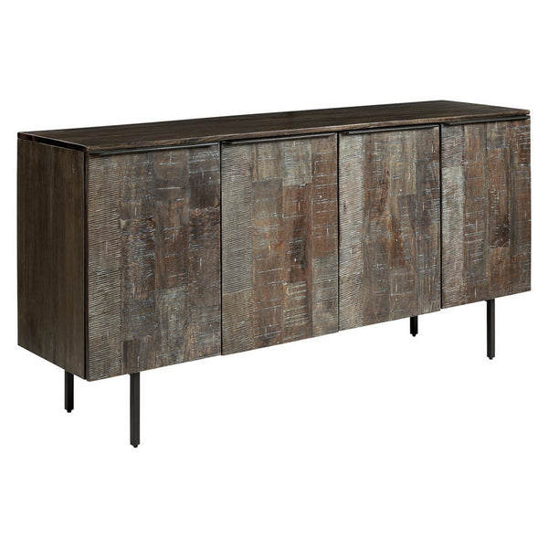 4 Door Wooden Accent Cabinet with Rough Hewn Texture, Distressed Gray - BM227113