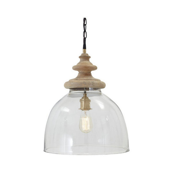 Glass Dome Pendant Light with Wood Finial Crown Top, Brown and Clear - BM227175
