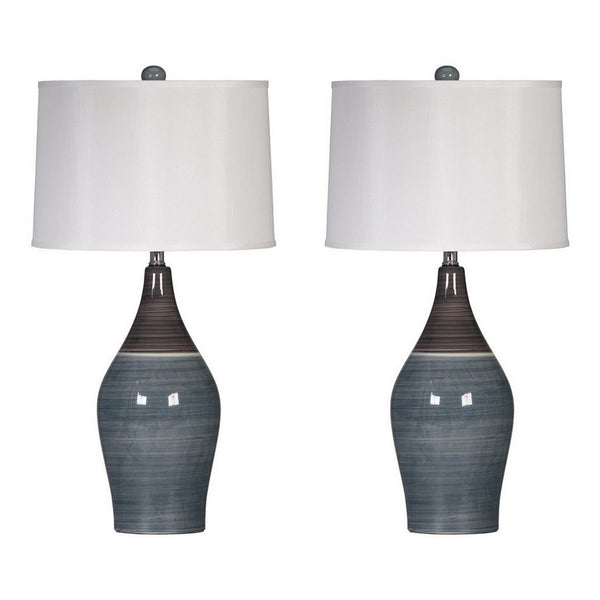Pot Bellied Ceramic Table Lamp with Brushed Details,Set of 2,Gray and White - BM227189