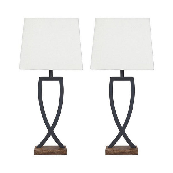 Criss Cross Metal Table Lamp with Fabric Shade, Set of 2, Gray and White - BM227192