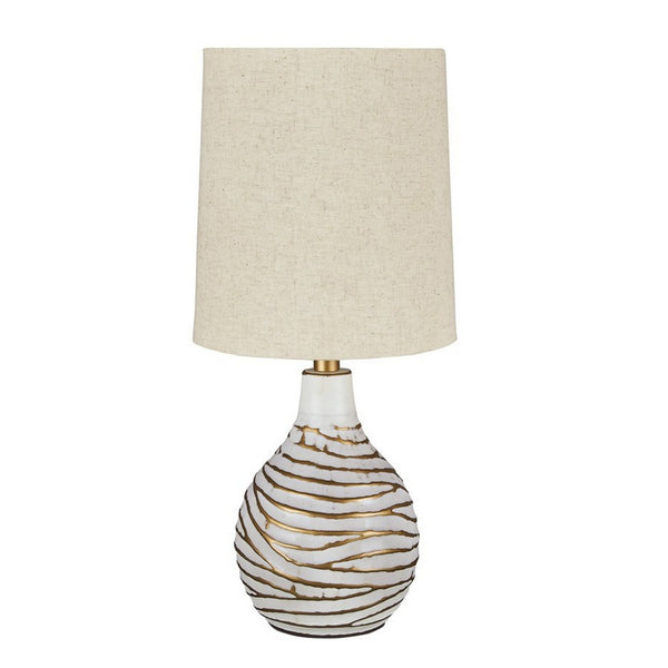Pot Bellied Metal Table Lamp with Textured Golden Embellishment, White - BM227194