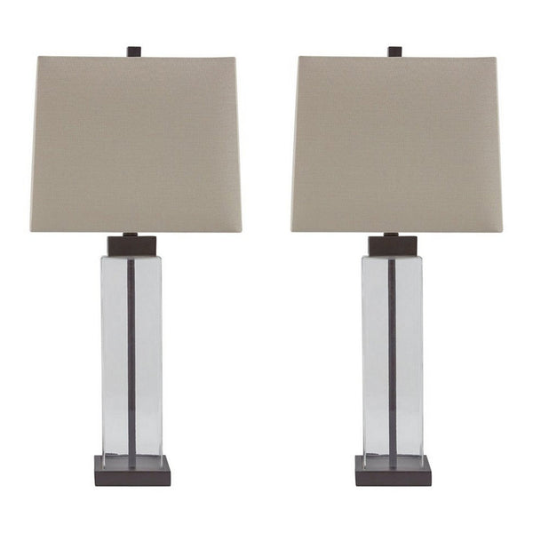 Glass and Metal Base Table Lamp with Square Shade, Set of 2, Clear and Gray - BM227213
