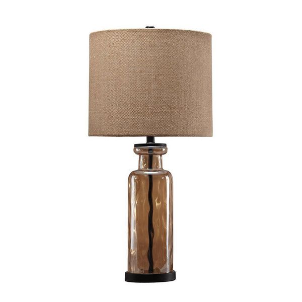Glass Table Lamp with Fabric Drum Shade, Gold and Beige - BM227214