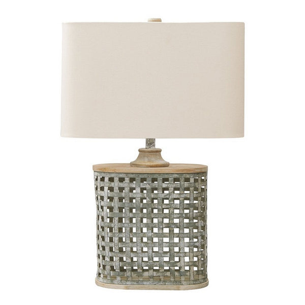 Metal Table Lamp with Lattice Design Body and Hardback Shade,Gray and Beige - BM227552