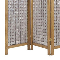 3 Panel Wooden Screen with Pearl Motif Accent, Brown and Silver - BM228613