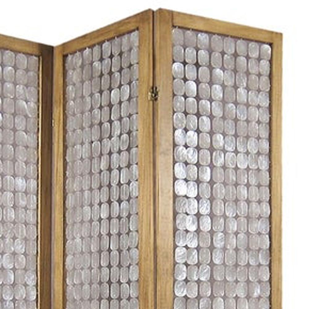 3 Panel Wooden Screen with Pearl Motif Accent, Brown and Silver - BM228613