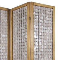 3 Panel Wooden Screen with Pearl Motif Accent, Brown and Silver - BM228613
