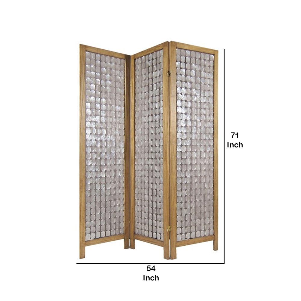 3 Panel Wooden Screen with Pearl Motif Accent, Brown and Silver - BM228613