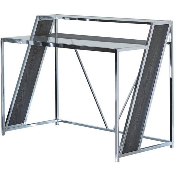Glass Top Metal Frame Writing Desk with USB Docks, Chrome and Black - BM229649
