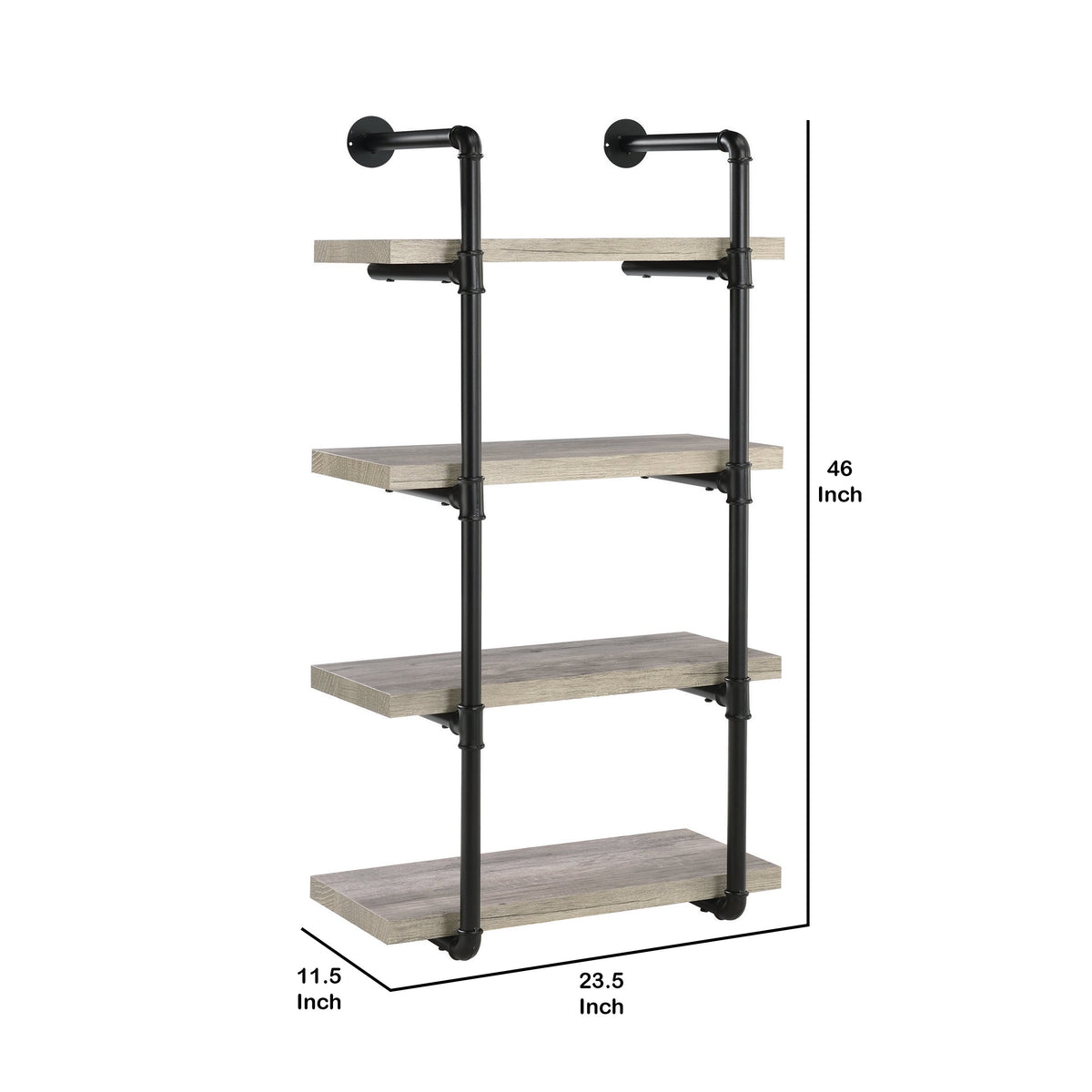 24 Inches 4 Tier Wood and Metal Wall Shelf, Gray and Black - BM229650