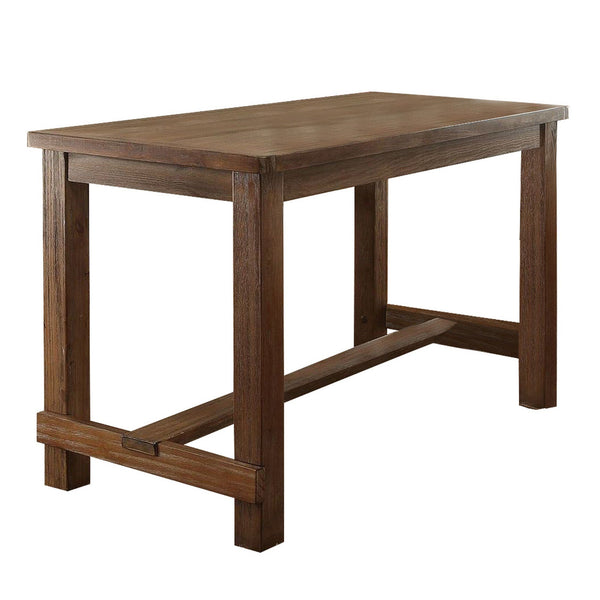 Rustic Plank Wooden Counter Height Table with Block Legs, Oak Brown - BM230024