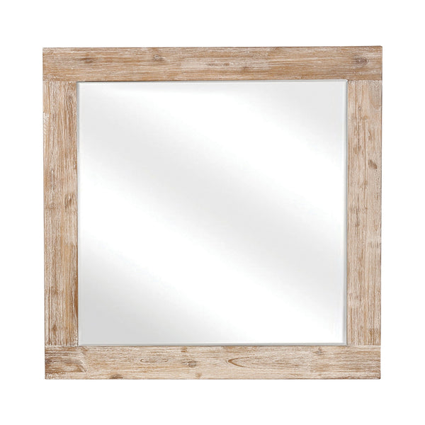 Wooden Frame Mirror with Hewn Saw Details, Light Brown - BM230384