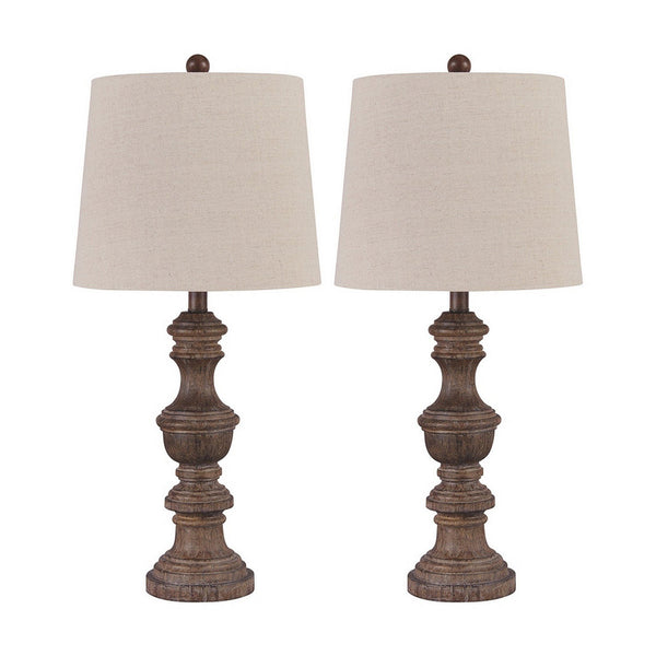 Tapered Fabric Shade Table Lamp with Turned Base, Set of 2, Gray and Brown - BM230966