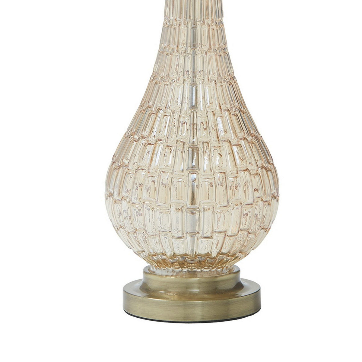 Bellied Glass Table Lamp with Fabric Drum Shade, Beige and Clear - BM230982