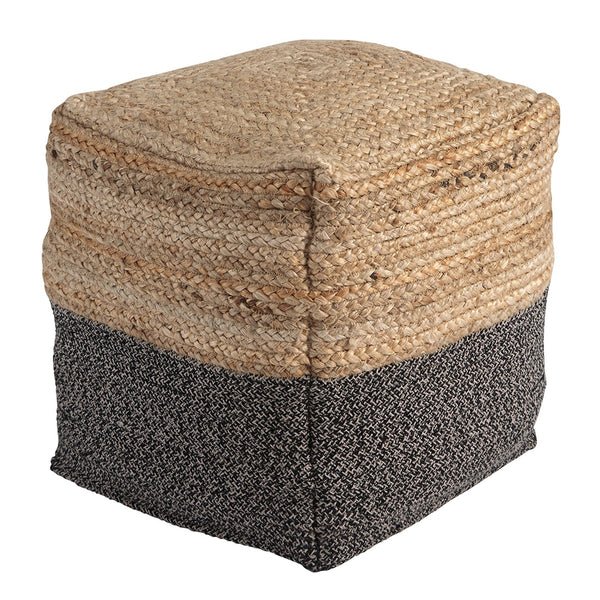 Cube Shape Jute Pouf with Braided Design, Black and Brown - BM231408