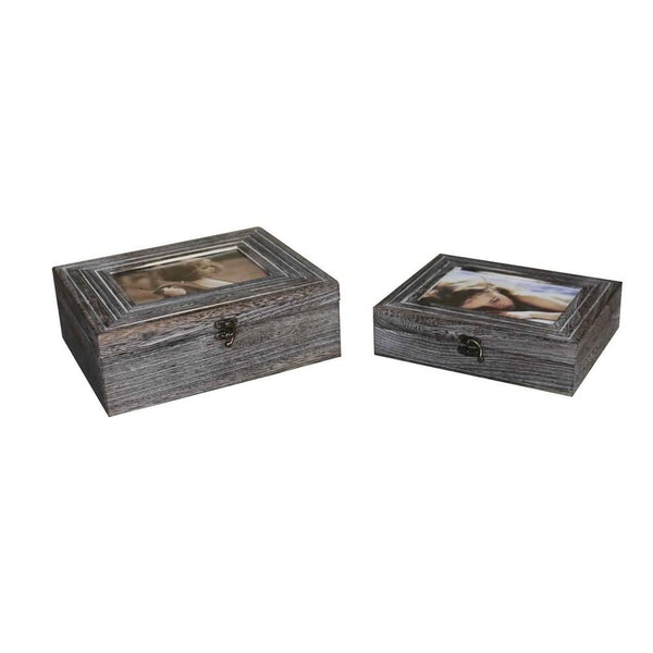 Molded Wooden Storage Box with Photo Frame Lid, Set of 2, Gray - BM231489