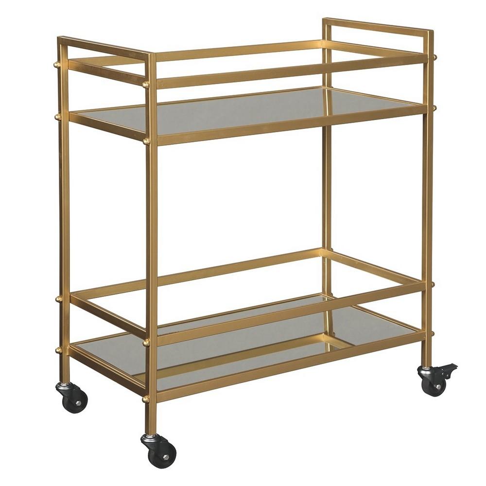 Metal Frame Bar Cart with 2 Mirrored Shelves, Gold - BM231915