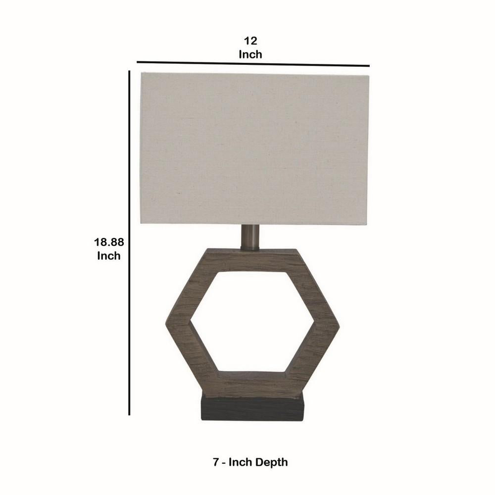 Hexagonal Wooden Base Table Lamp with rectangular Shade, Brown and Gray - BM231955