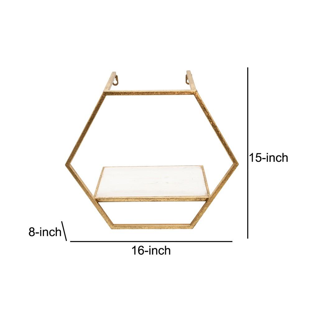 Hexagon Shaped Metal and Wooden Shelf, Set of 3, Gold - BM232719
