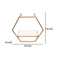 Hexagon Shaped Metal and Wooden Shelf, Set of 3, Gold - BM232719