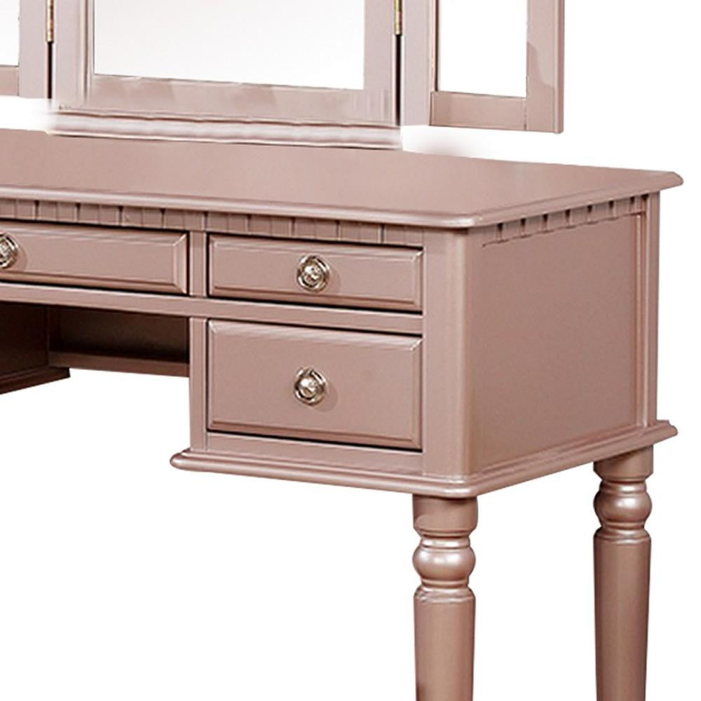 Vanity Set with Turned Tapered Legs and Three Piece Mirror, Rose Gold - BM232895