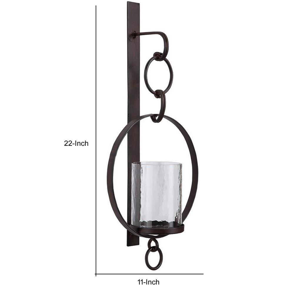 Metal Wall Sconce with Glass Hurricane and Chain Design Holder, Black - BM232919