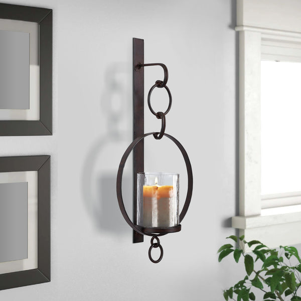 Metal Wall Sconce with Glass Hurricane and Chain Design Holder, Black - BM232919