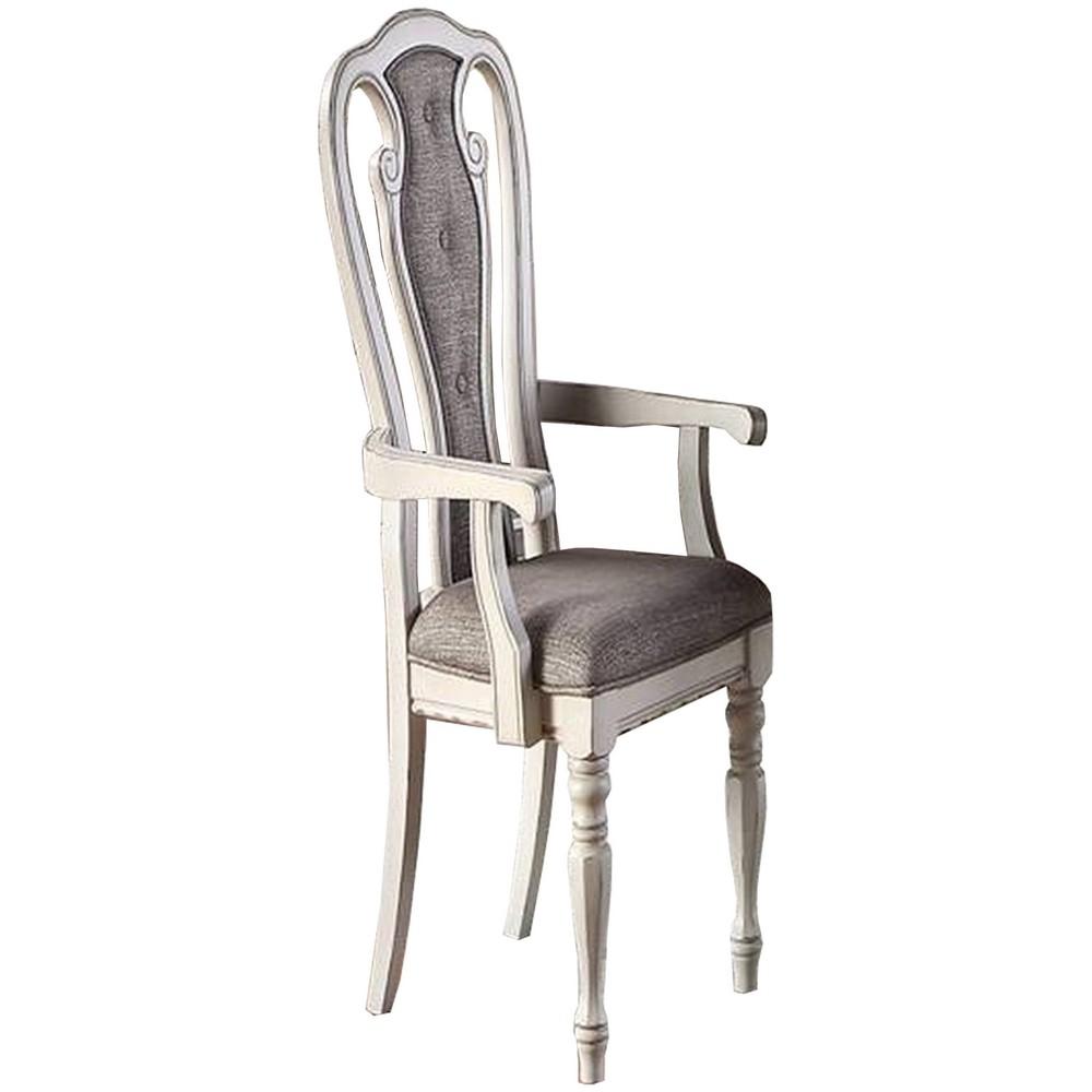Wooden Arm Chair with Button Tufted Back, Set of 2, Cream and Gray - BM233131