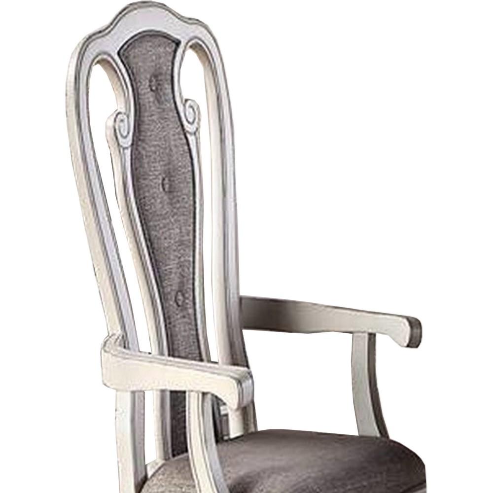 Wooden Arm Chair with Button Tufted Back, Set of 2, Cream and Gray - BM233131