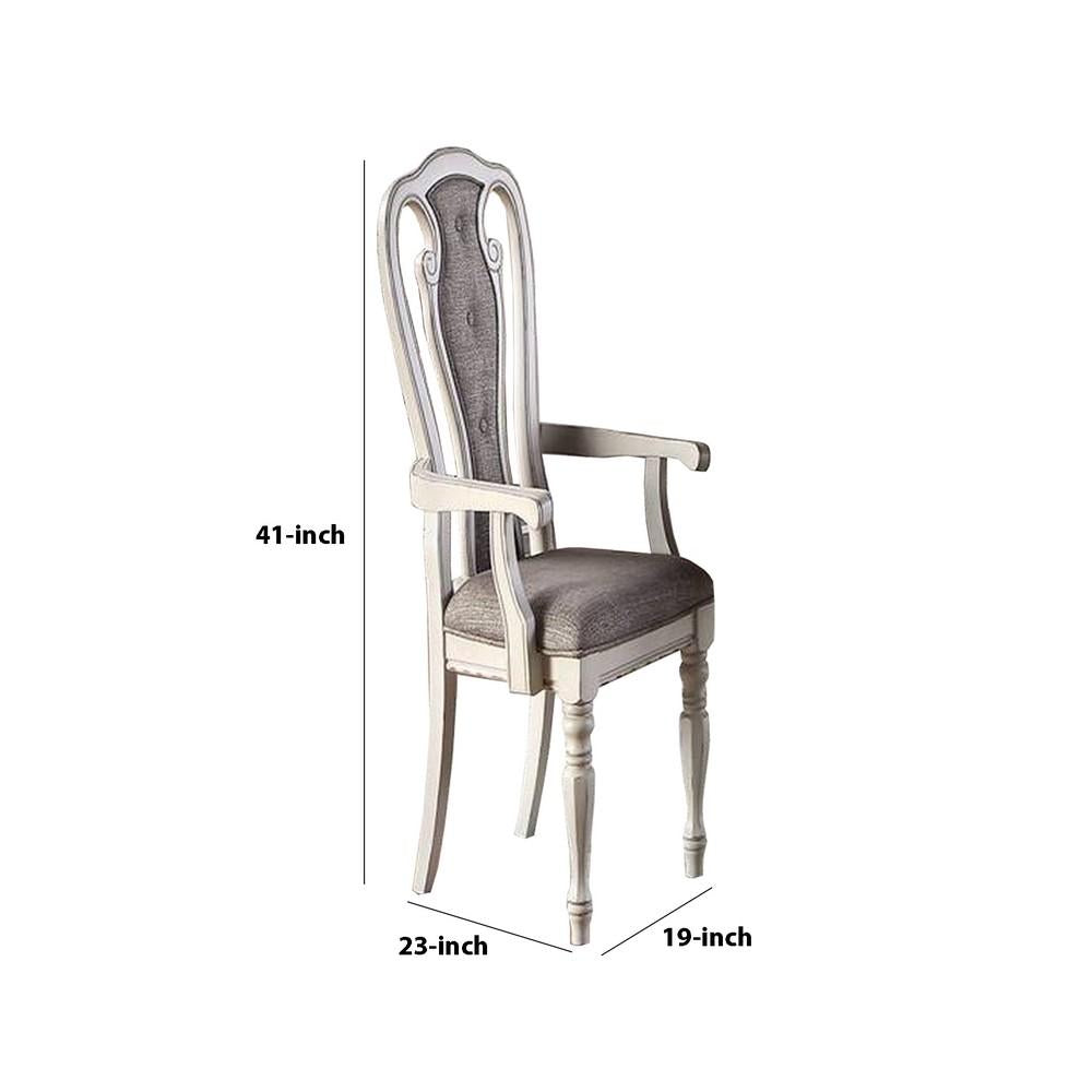 Wooden Arm Chair with Button Tufted Back, Set of 2, Cream and Gray - BM233131