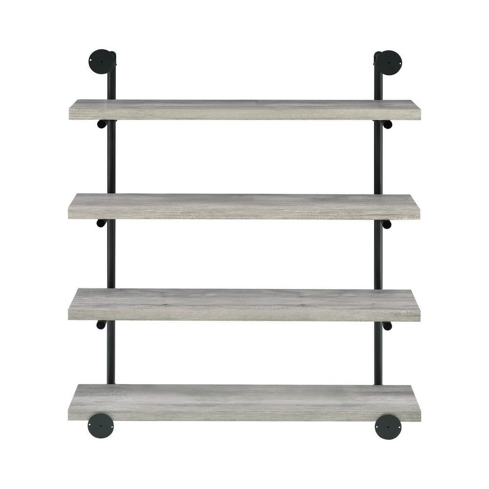 46 Inch 4 Tier Metal and Wooden Wall Shelf, Black and Gray - BM233215