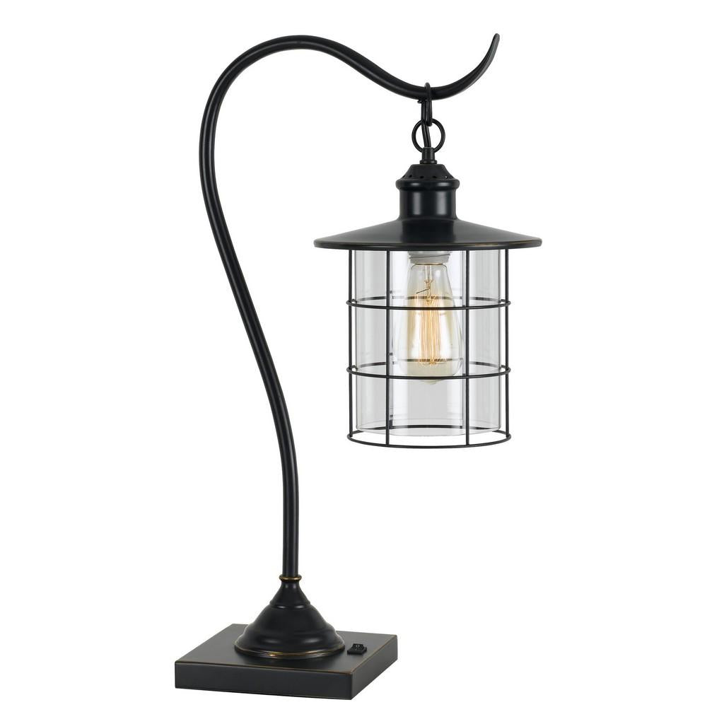25 Inch Metal Downbridge Design Desk Lamp with Caged Shade, Dark Bronze - BM233413