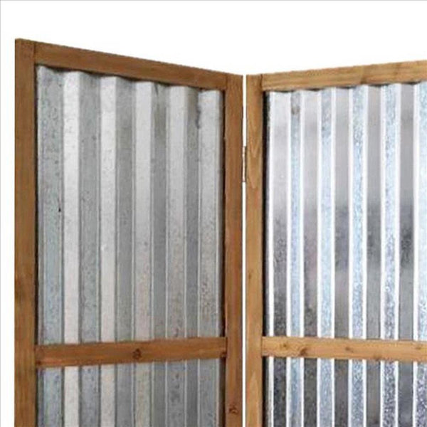 Industrial 3 Panel Foldable Screen with Corrugated Design,Silver and Brown - BM233453