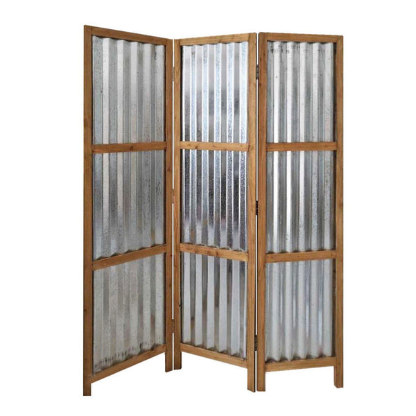 Industrial 3 Panel Foldable Screen with Corrugated Design,Silver and Brown - BM233453