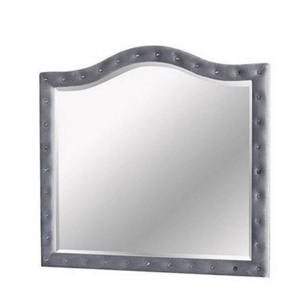38 Inch Fabric Padded Frame Mirror with Button Tufting, Gray - BM233763