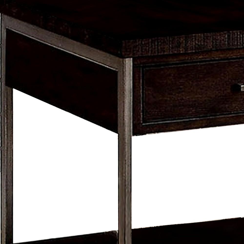 1 Drawer Wooden End Table with Metal Frame, Brown - BM233838