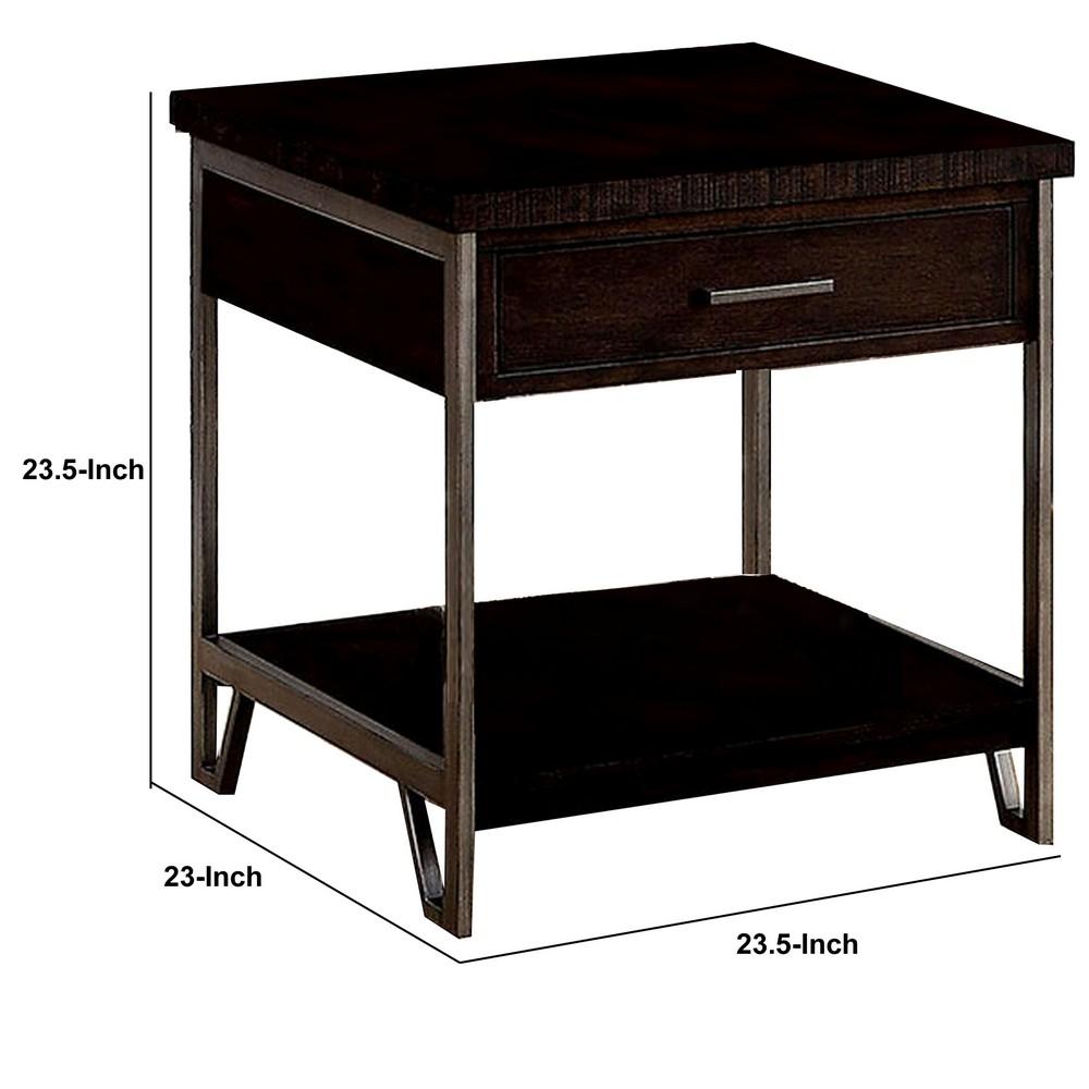 1 Drawer Wooden End Table with Metal Frame, Brown - BM233838