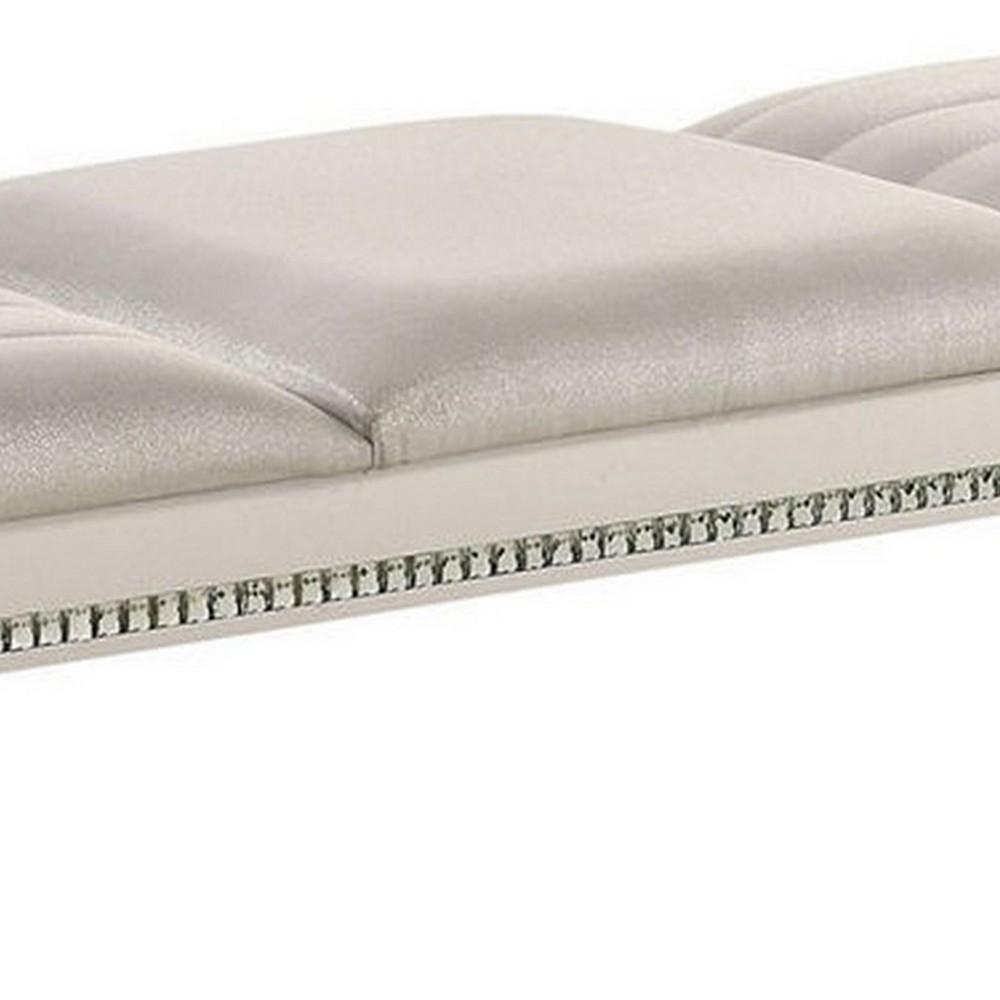 Tufted Leatherette Seater Wooden Bench with Mirror Accents, White - BM233878