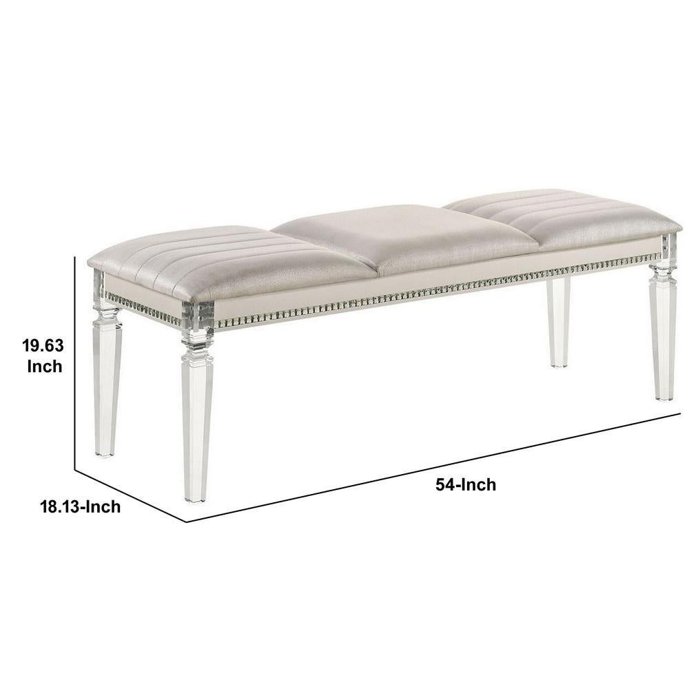 Tufted Leatherette Seater Wooden Bench with Mirror Accents, White - BM233878