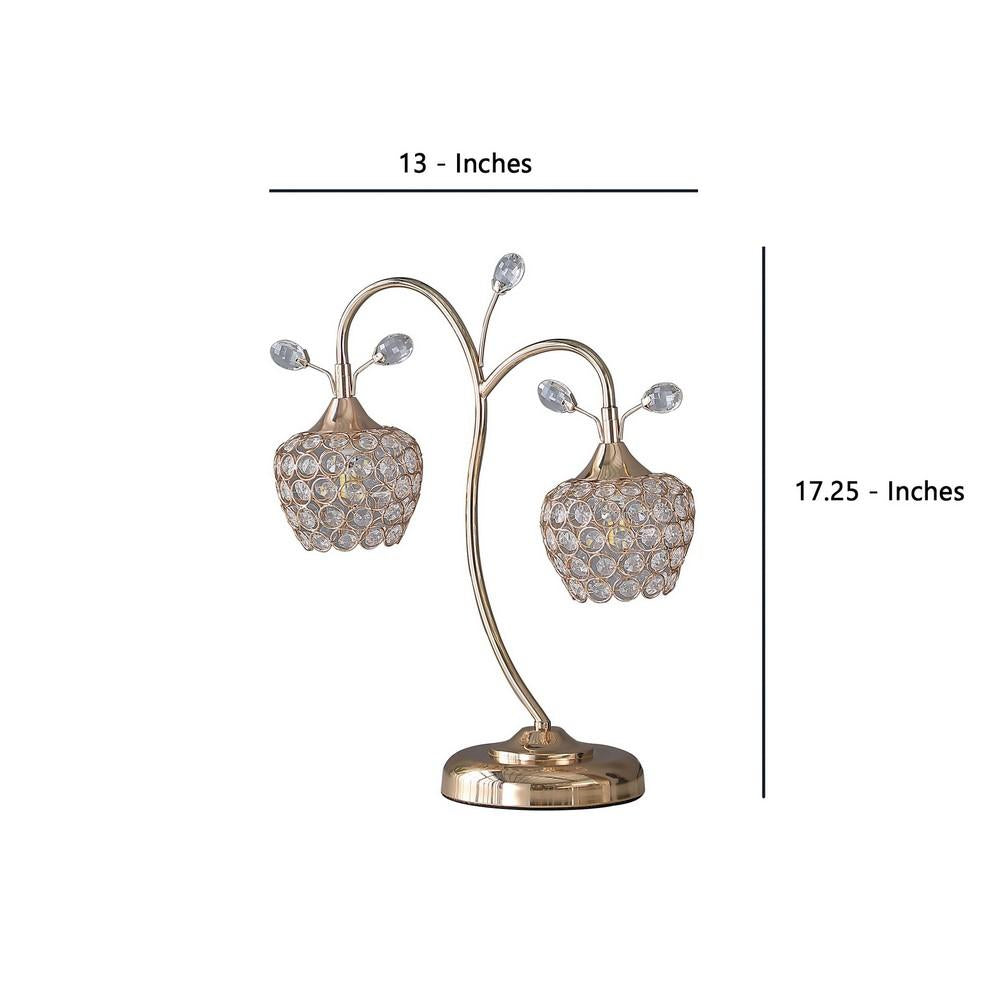 Floral Tree Design Metal Table Lamp with Dome Shade and Crystals, Gold - BM233923