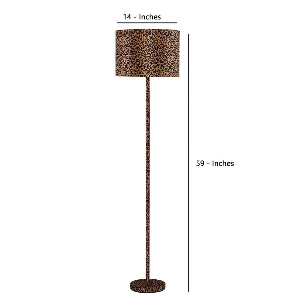 Fabric Wrapped Floor Lamp with Dotted Animal Print, Brown and Black - BM233932