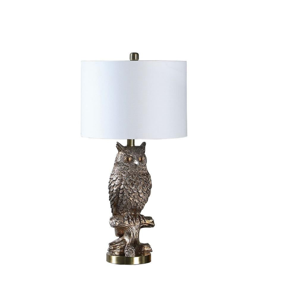 Polyresin Sitting Owl Design Table Lamp with Round Base, Silver - BM233933