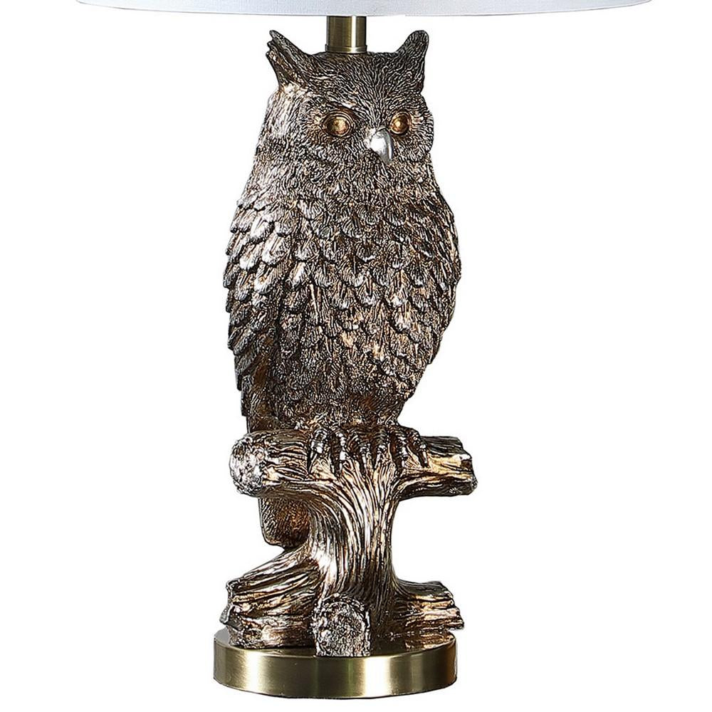 Polyresin Sitting Owl Design Table Lamp with Round Base, Silver - BM233933