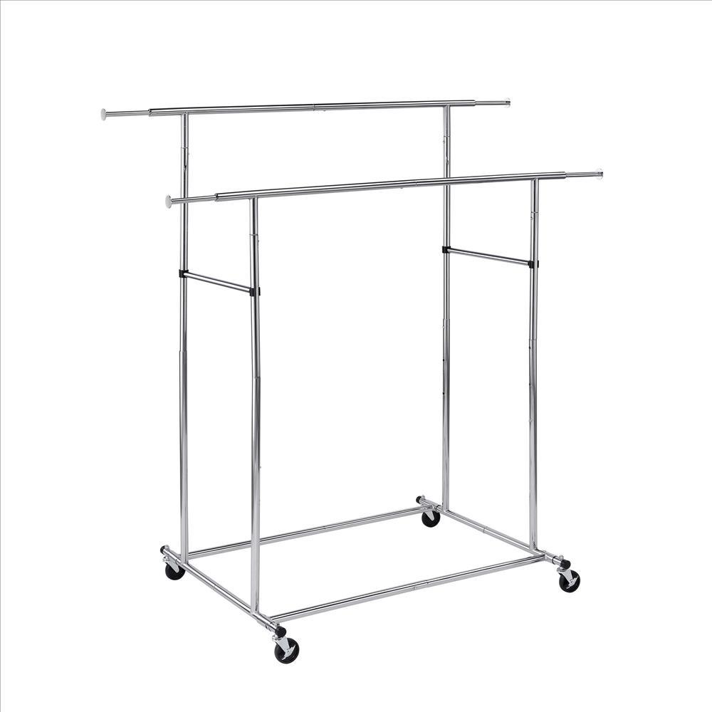 Dual Bar Tubular Metal Frame Garment Rack with Casters, Chrome - BM233941