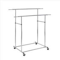 Dual Bar Tubular Metal Frame Garment Rack with Casters, Chrome - BM233941