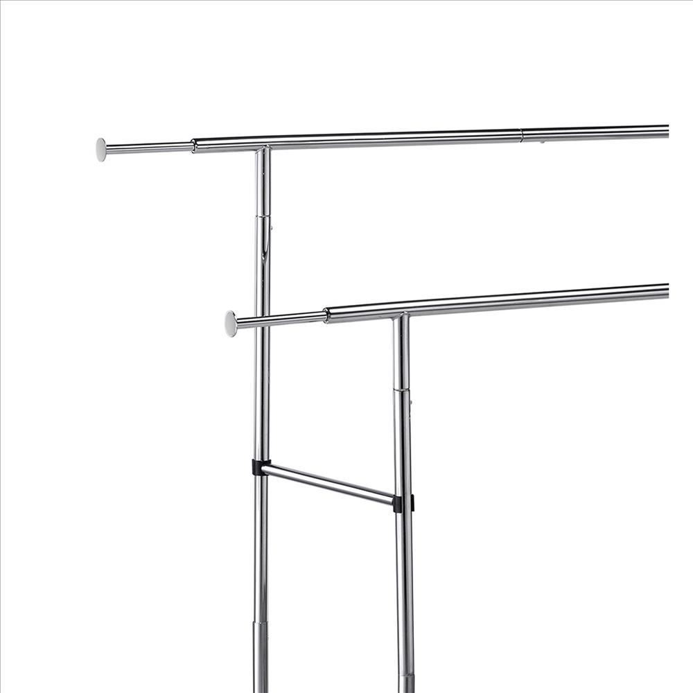 Dual Bar Tubular Metal Frame Garment Rack with Casters, Chrome - BM233941