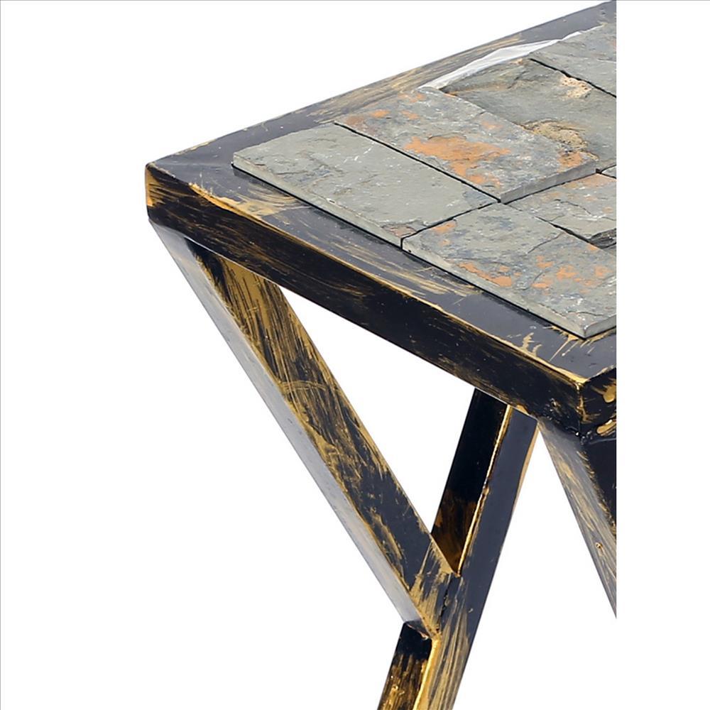 19.5 Inches Stone Top Plant Stand with Geometric Base, Black and Gray - BM233955