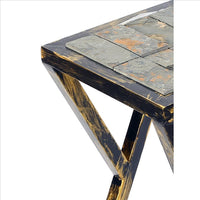 19.5 Inches Stone Top Plant Stand with Geometric Base, Black and Gray - BM233955